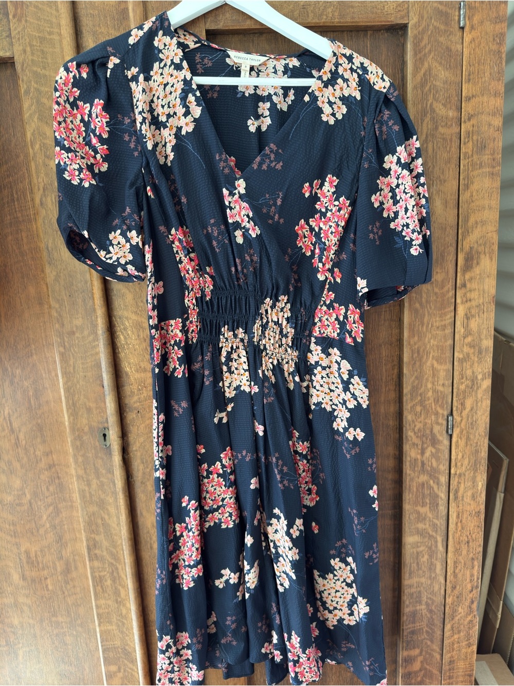 Rebecca Taylor Navy Floral Print Dress with Pink Flowers